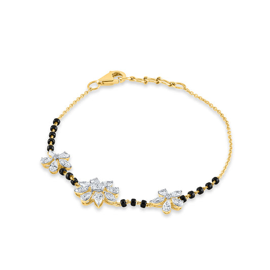 14K yellow gold diamond floral mangalsutra bracelet with black beads