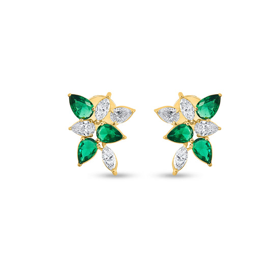 "Green emerald and white diamond floral earrings, 18k gold. Find high-quality gemstone earrings and fine jewelry at ."