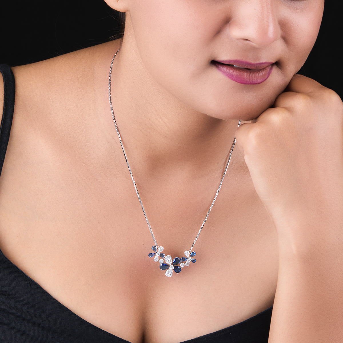 Blue Pear & Round Cut Diamond Floral Necklace.
