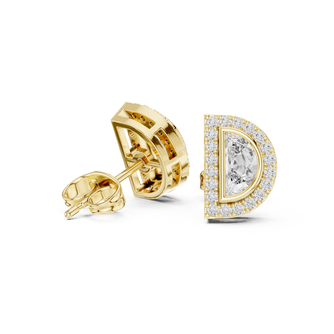 Purecarat Yellow Gold Half Moon Diamond Halo Stud Earrings