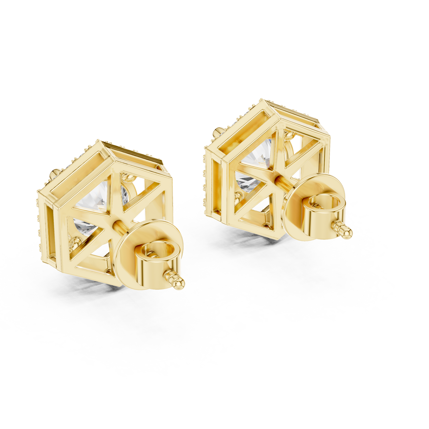 "Rose Gold Hexagon Halo Diamond Stud Earrings"