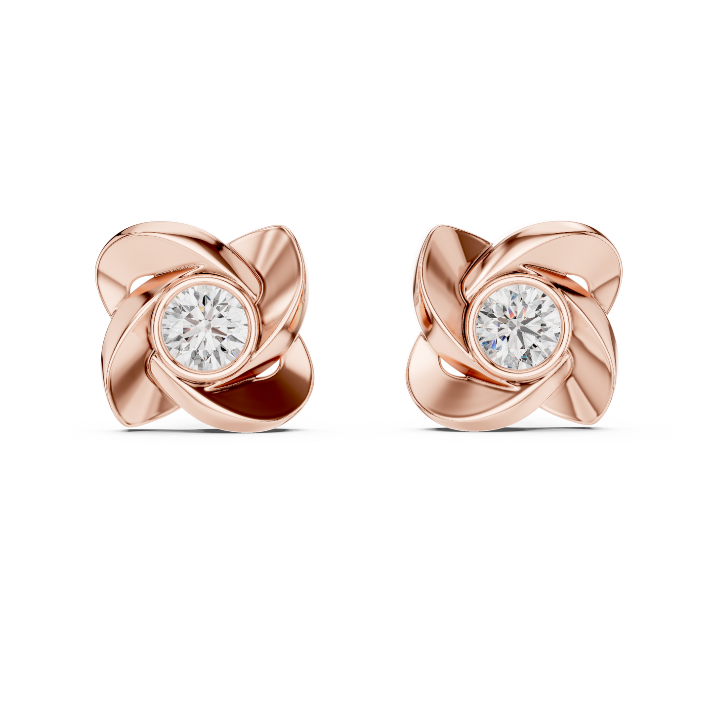 Rose Gold Petal Diamond Stud Earrings – Classic Floral Elegance