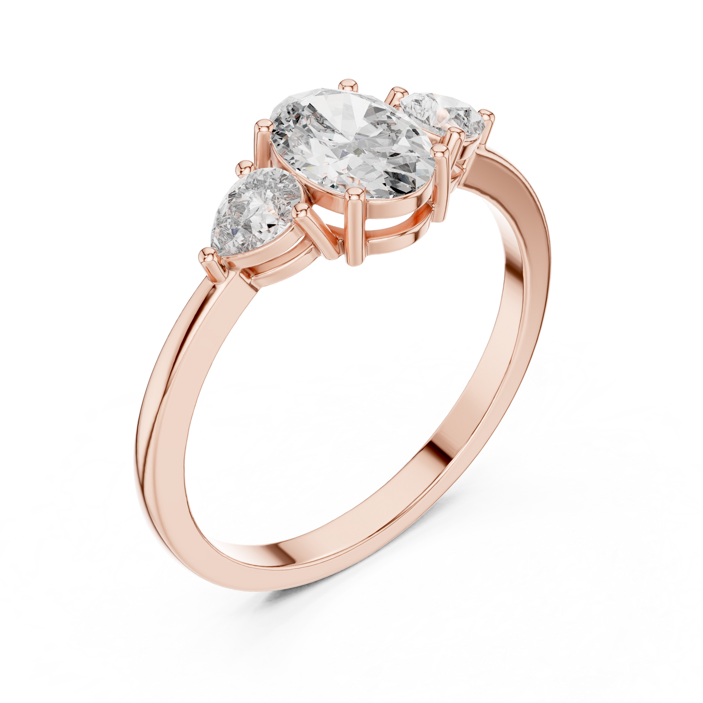 Purecarat Yellow Gold Three Stone Oval & Pear Diamond Ring