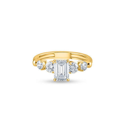 Purecarat Geometric Gold Emerald Cut & Round Diamond Ring | Five-Stone Ring