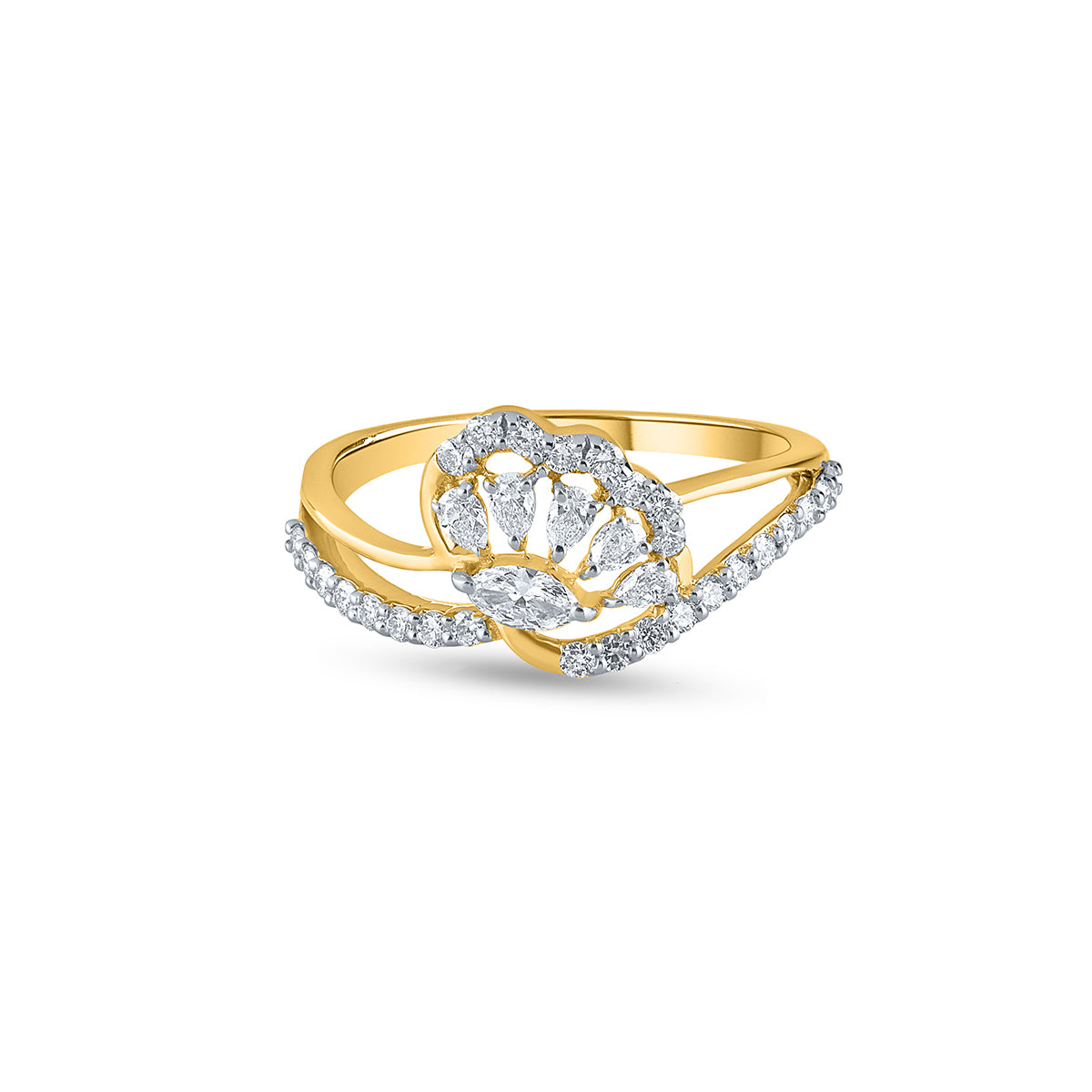 Purecarat Gold Diamond Cluster Ring with Pear and Round Diamonds