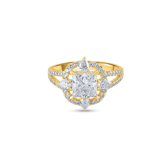 "Purecarat's stunning gold princess cut diamond rings with a radiant halo and elegant side diamond accents. This 18k Yellow Gold Princess Cut Diamond Engagement Ring from Purecarat features a captivating cluster design, perfect for a unique and luxurious statement. Explore bridal and special occasion rings at Purecarat."