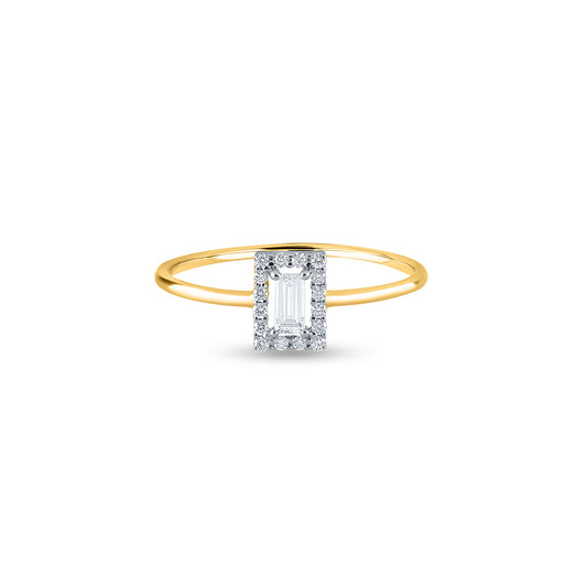 Minimalist Yellow Gold Ring featuring a Rectangular Emerald Cut Diamond surrounded by a Dainty Diamond Halo