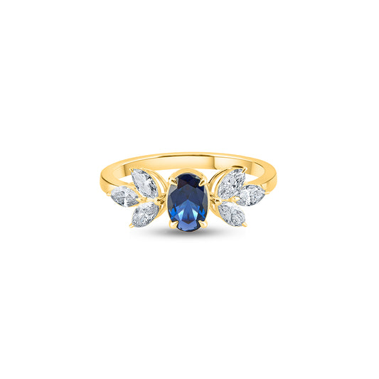 14K Gold Blue Oval Cut Sapphire & Marquise Diamond Cluster Ring