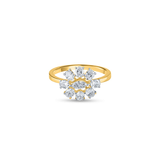 "Purecarat Yellow Gold Floral Diamond Ring with Marquise Center and Round Diamond Petals"