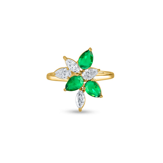 "Purecarat Yellow Gold Emerald and Marquise Diamond Cluster Ring"