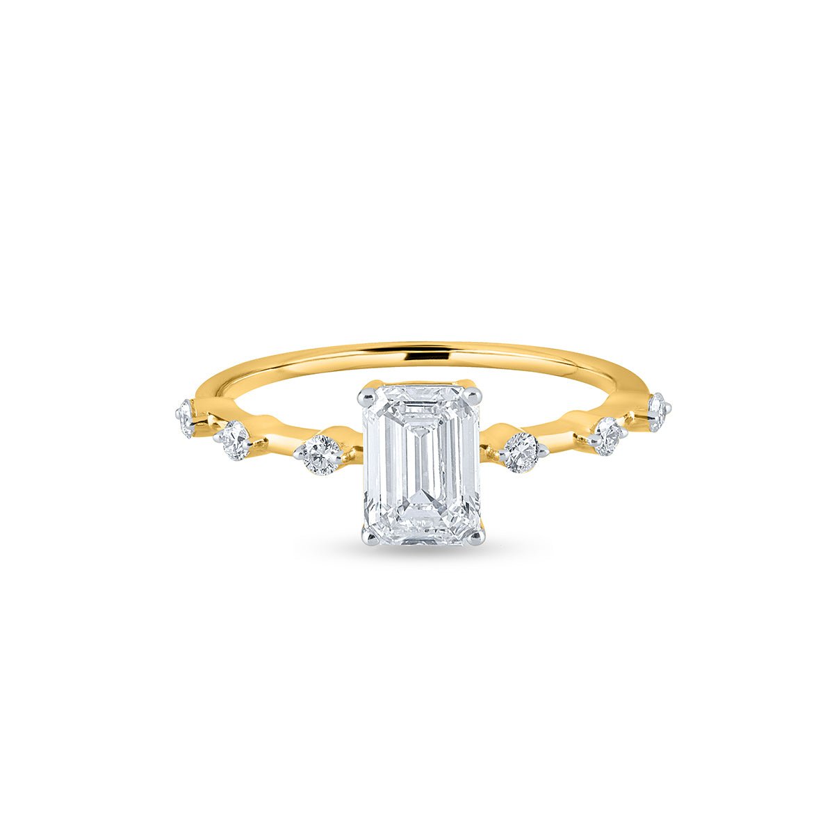 "Purecarat: Yellow Gold Emerald Cut Moissanite Ring with Accent Diamonds - Engagement Ring"