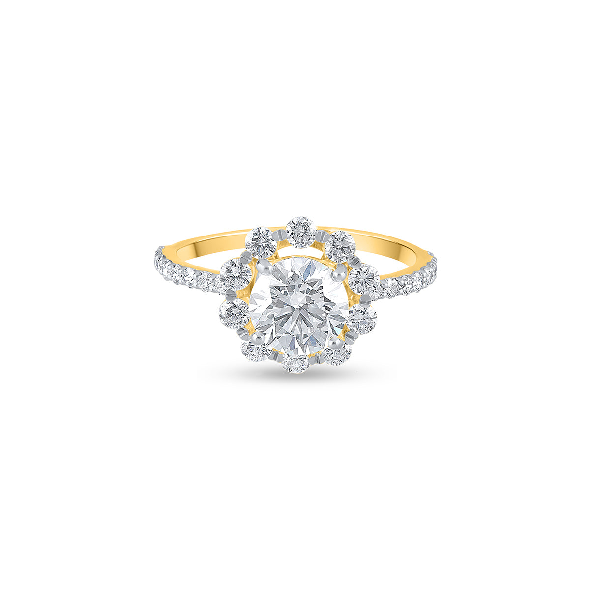 "Purecarat Yellow Gold Floral Halo Diamond Engagement Ring"