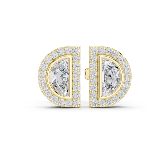Yellow Gold Half Moon Diamond Halo Stud Earrings crafted with lab-grown diamonds