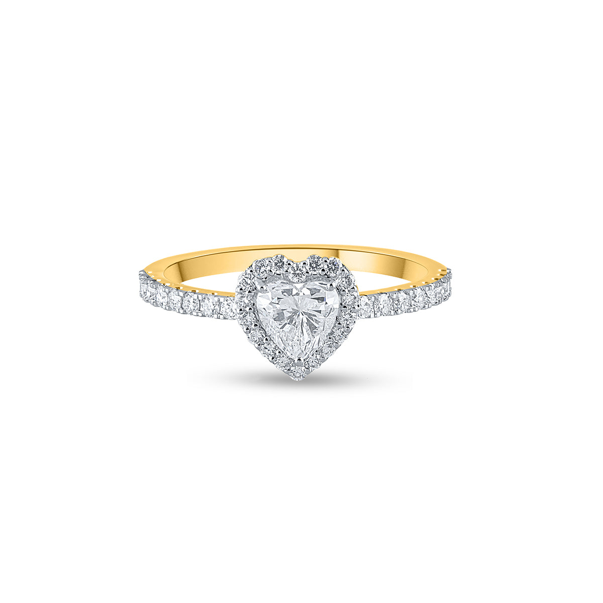 "Purecarat Yellow Gold Heart Halo Diamond Ring with Pave Band"
