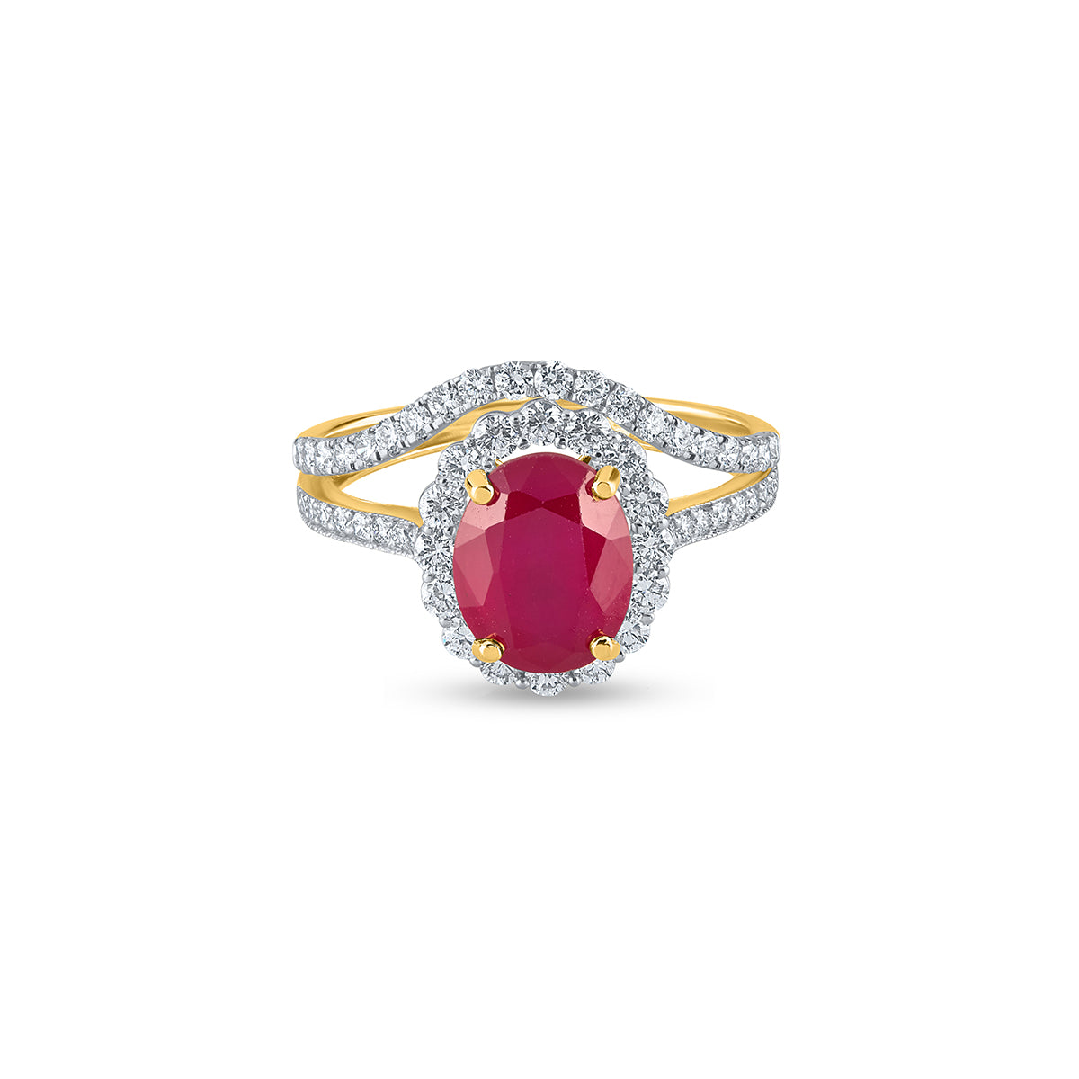 "Purecarat Yellow Gold Oval Ruby Diamond Halo Ring"