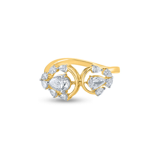 "Purecarat Yellow Gold Pear Cluster Bypass Ring with Sparkling Pear-shaped Diamonds"