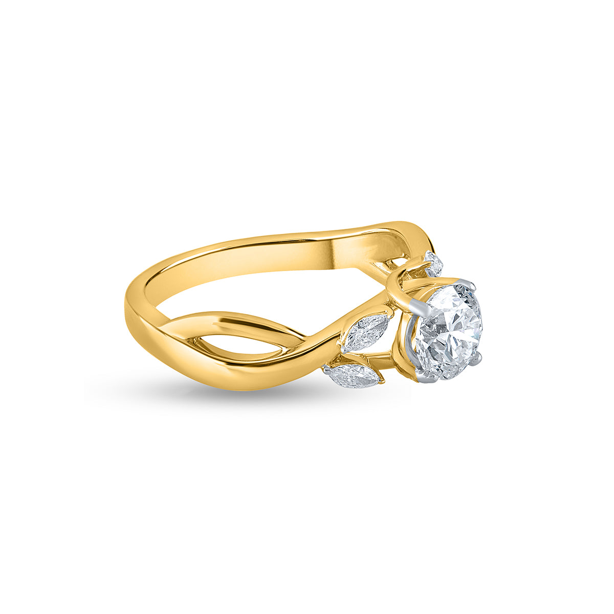 "Purecarat Yellow Gold Round Diamond Engagement Ring with Marquise Side