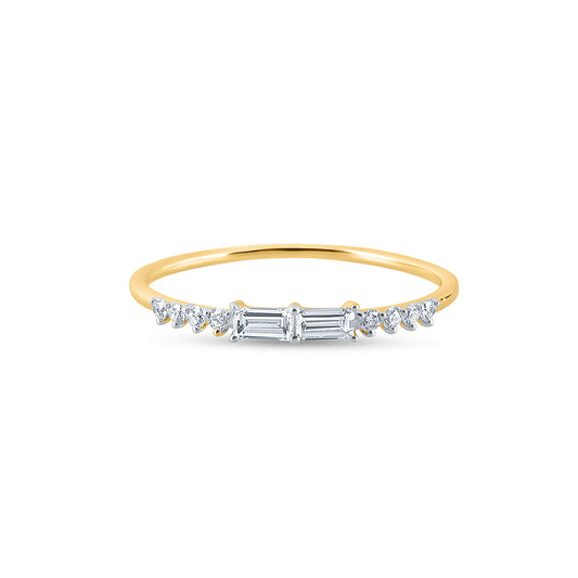 14k Yellow Gold Stackable Ring with Two Baguette Diamonds and Round Diamond Accents