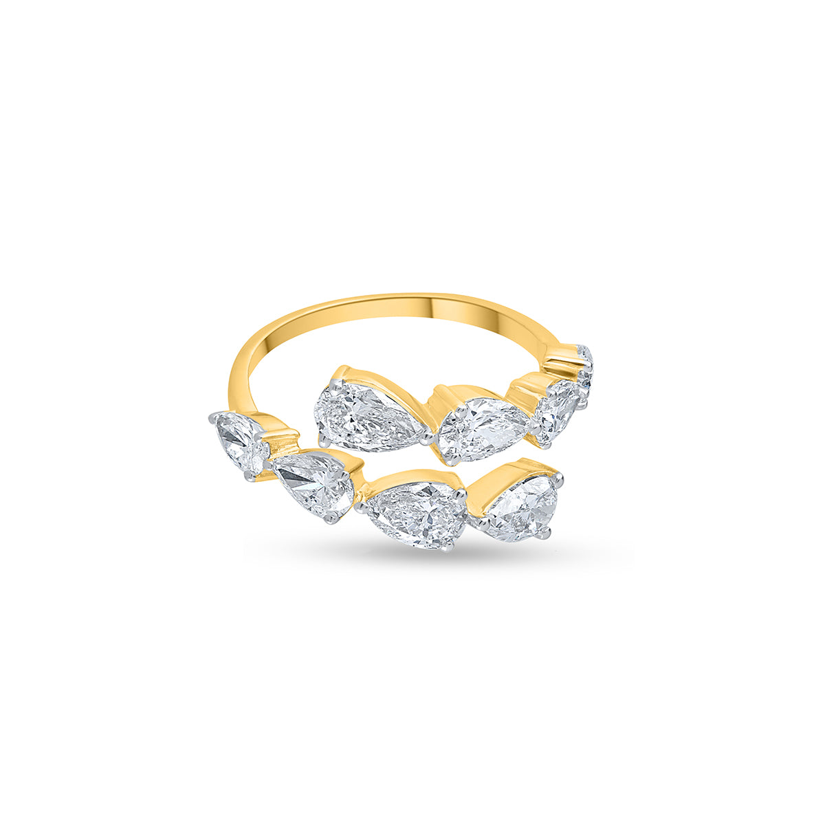 Yellow Gold Open Band Ring with a Cluster of Pear Shaped Diamonds, Contemporary Design