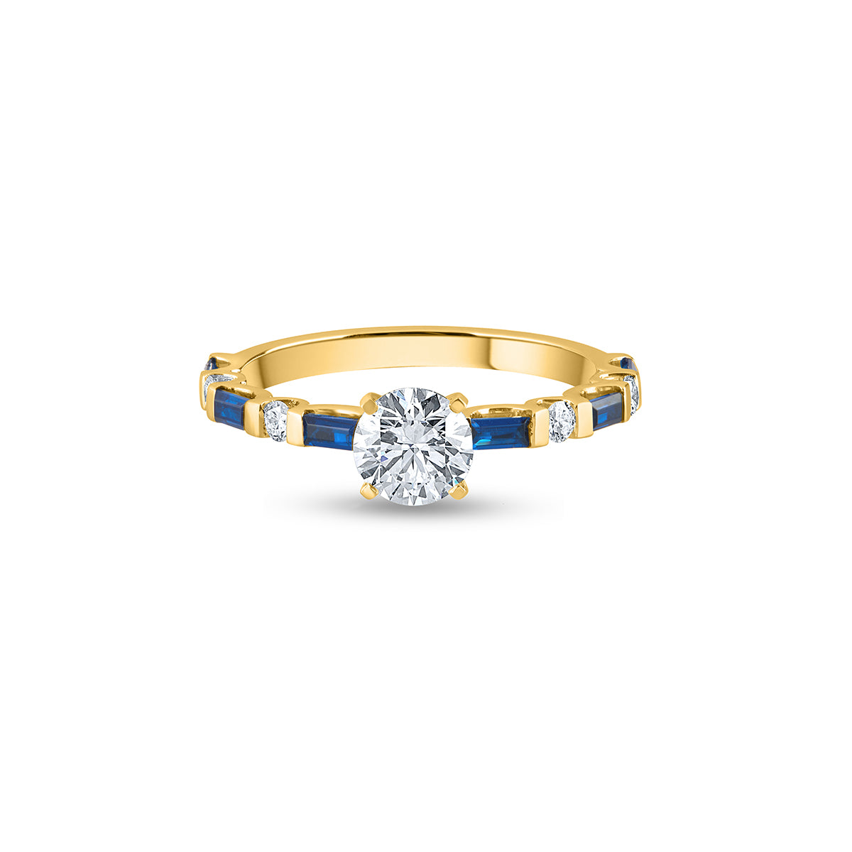 "Buy Purecarat Yellow Gold Ring with Round Diamond and Baguette Sapphires Online"