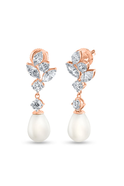 Elegant Marquise Diamond Pearl Earrings in 18K Gold Purecarat