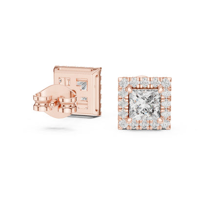 18K Rose Gold Princess & Round Cut Diamond Stud Earrings for Women | Engagement Wear | Pure Carat