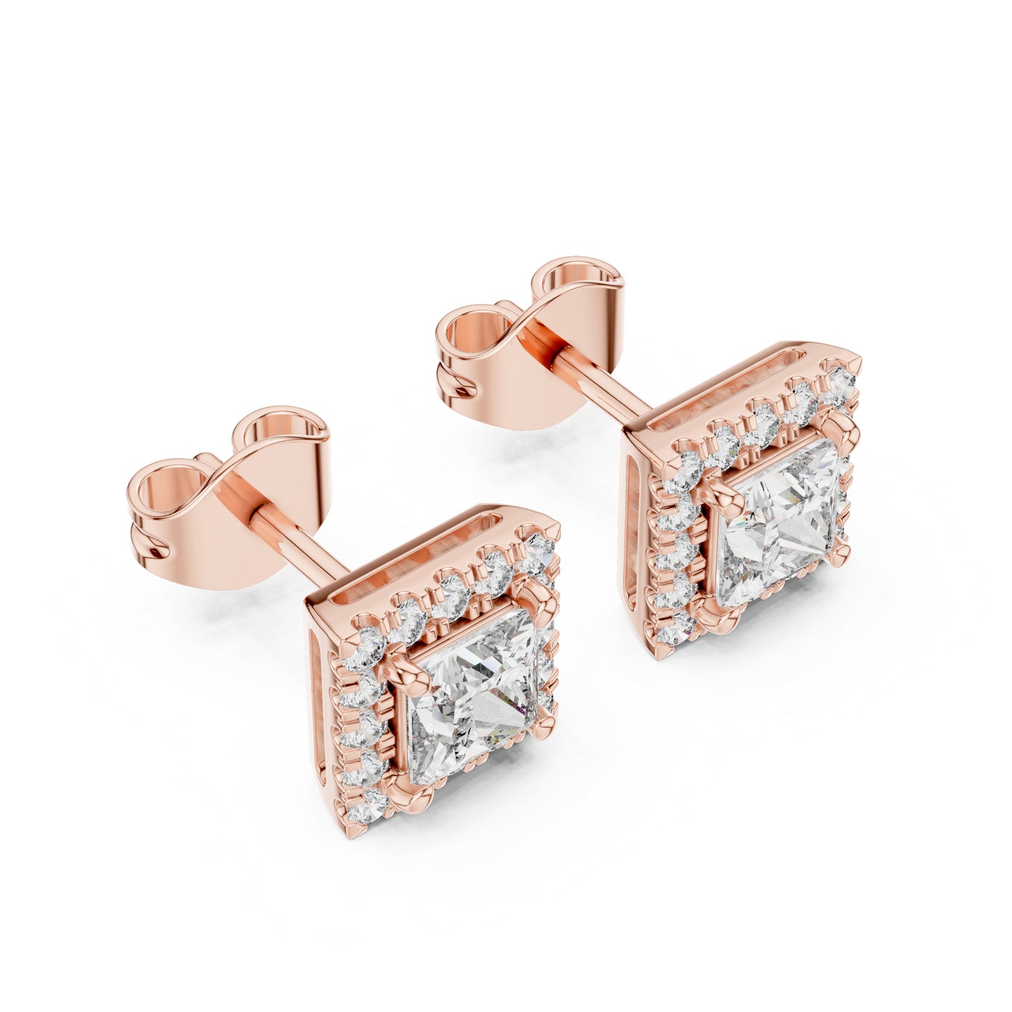 18K Rose Gold Princess & Round Cut Diamond Stud Earrings for Women | Engagement Wear | Pure Carat