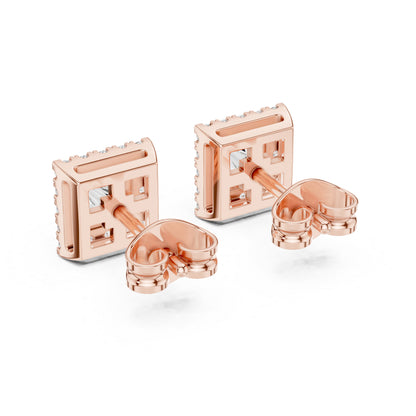 18K Rose Gold Princess & Round Cut Diamond Stud Earrings for Women | Engagement Wear | Pure Carat
