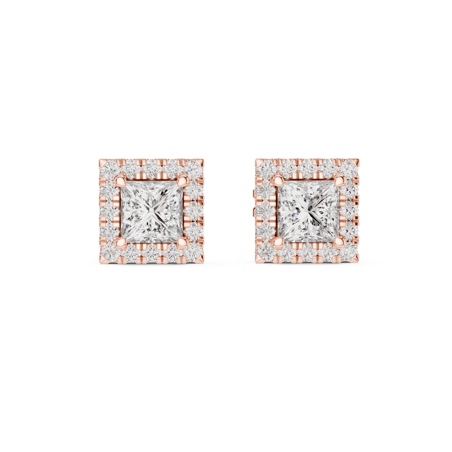 18K Rose Gold Princess & Round Cut Diamond Stud Earrings for Women | Engagement Wear | Pure Carat
