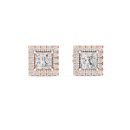 18K Rose Gold Princess & Round Cut Diamond Stud Earrings for Women | Engagement Wear | Pure Carat