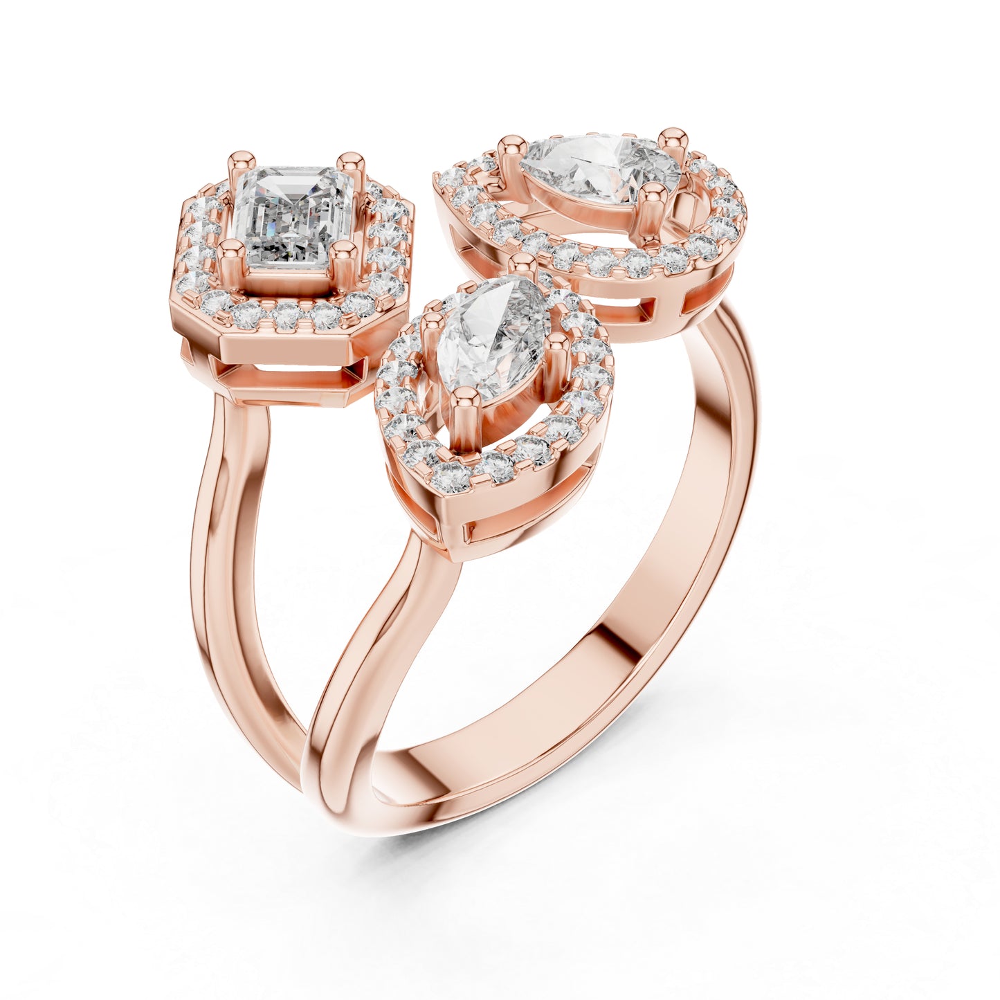 18K Rose Gold Emerald/Marquise/Round Lab-Grown Diamond Stud Ring for Women | Pure Carat