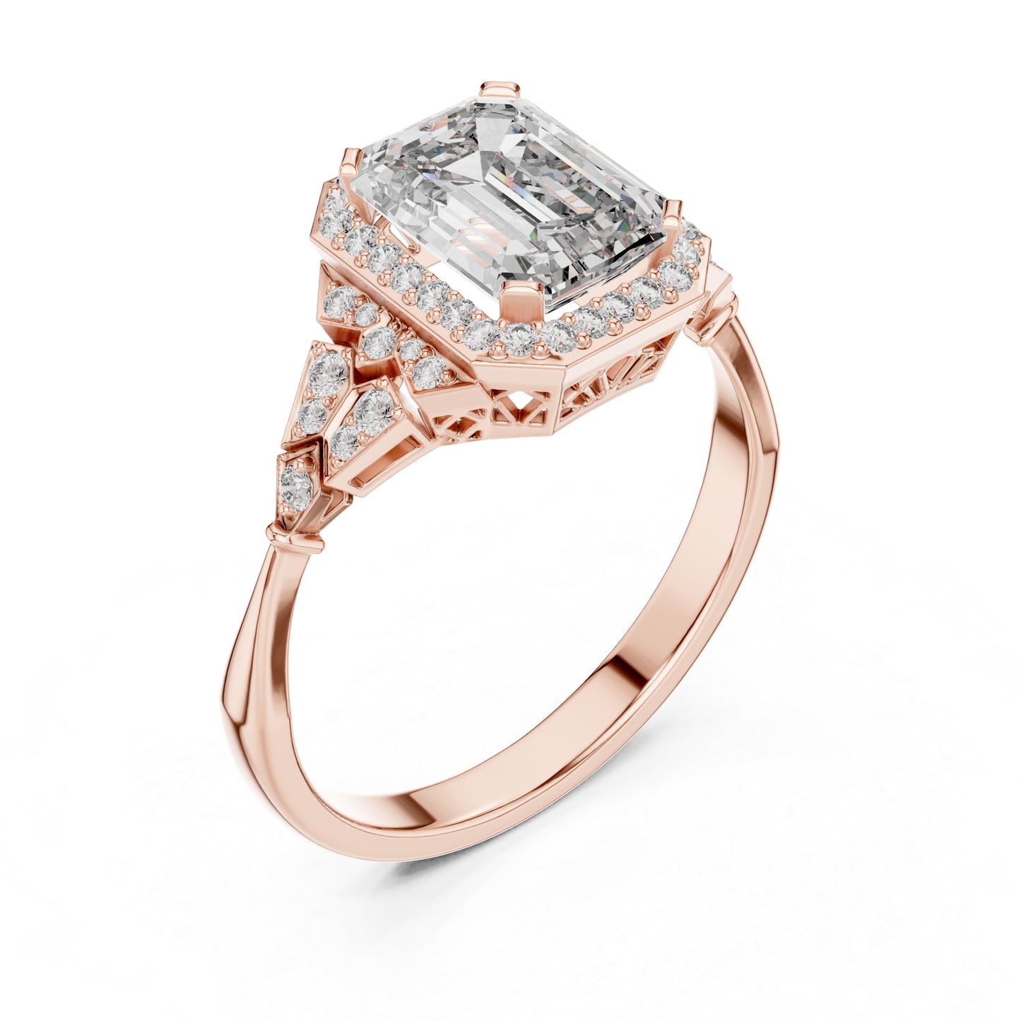 18K Rose Gold Emerald & Round Lab-Grown Diamond Ring for Women | Bridal Wear | Pure Carat