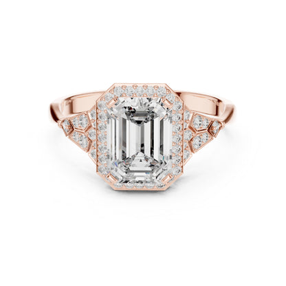 18K Rose Gold Emerald & Round Lab-Grown Diamond Ring for Women | Bridal Wear | Pure Carat