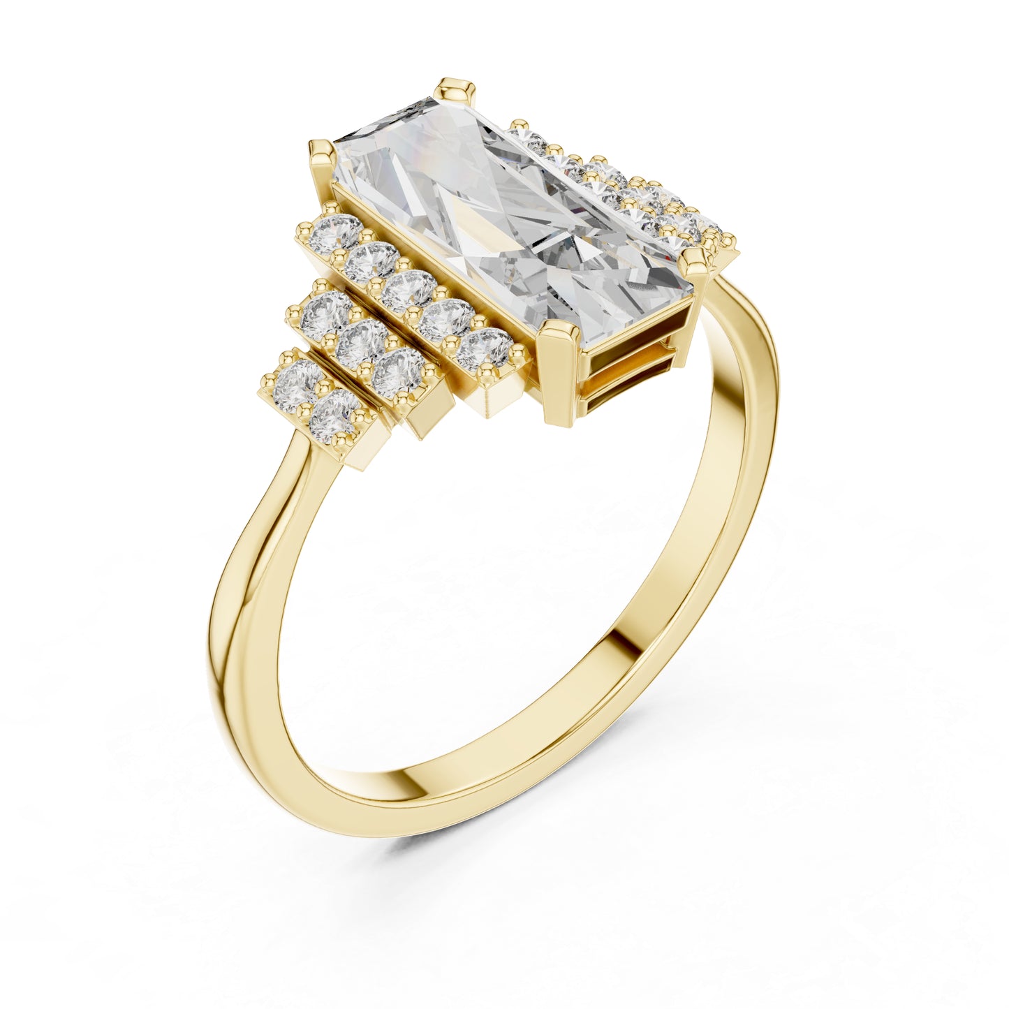 14K Yellow Gold Emerald & Round Lab-Grown Diamond Stud Ring for Women | Everyday Wear | Pure Carat