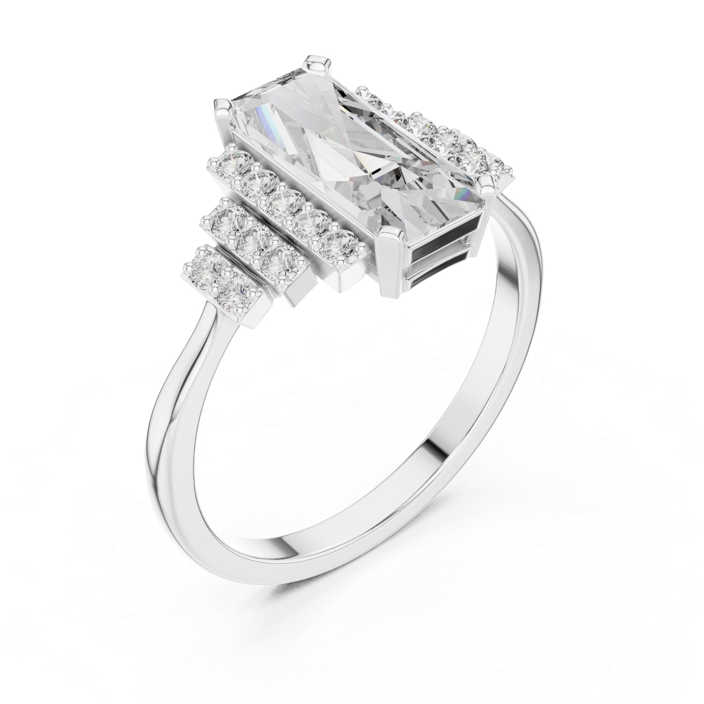 18K White Gold Emerald & Round Lab-Grown Diamond Engagement Ring for Women | Pure Carat