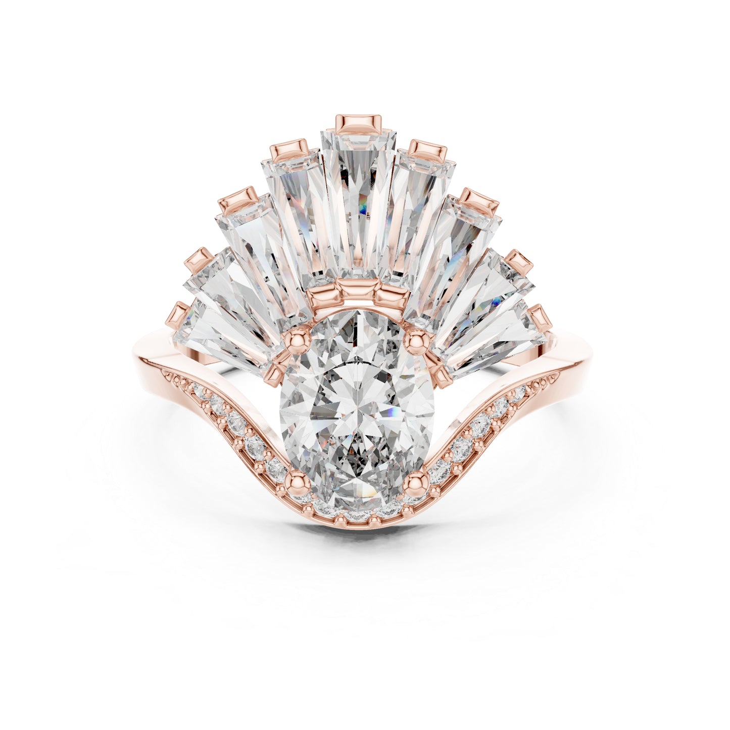 14K Rose Gold Oval Baguette & Round Lab-Grown Diamond Stud Ring for Women | Wedding | Pure Carat