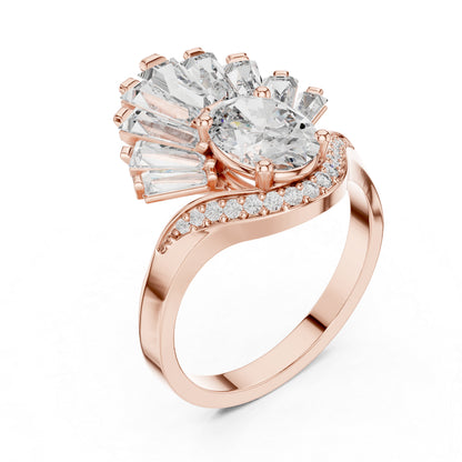 14K Rose Gold Oval Baguette & Round Lab-Grown Diamond Stud Ring for Women | Wedding | Pure Carat