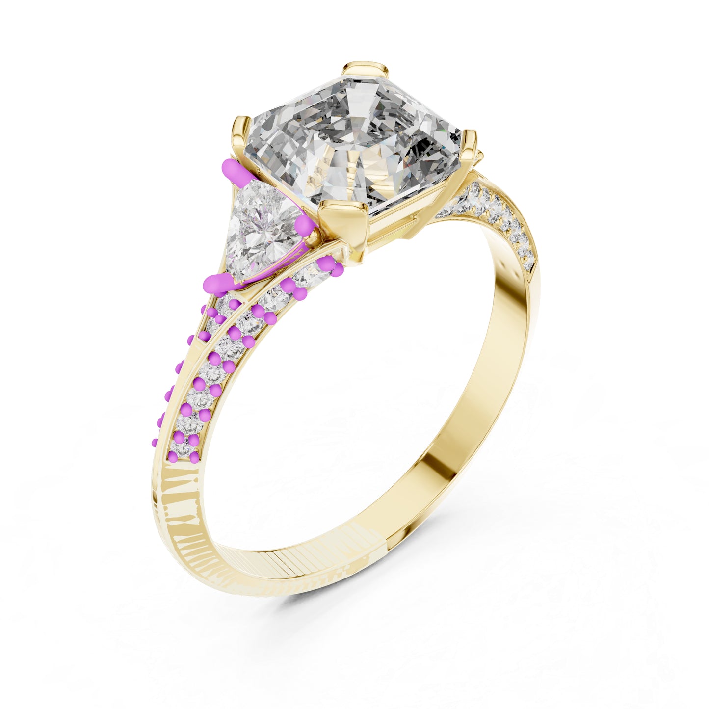 14K Yellow Gold Emerald Square Trillion & Round Lab-Grown Diamond Stud Ring for Women | Party Wear | Pure Carat
