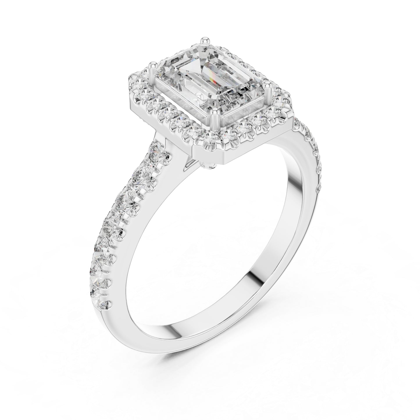 Emerald & Round Diamond Engagement Ring in 18K White Gold – Pure Carat