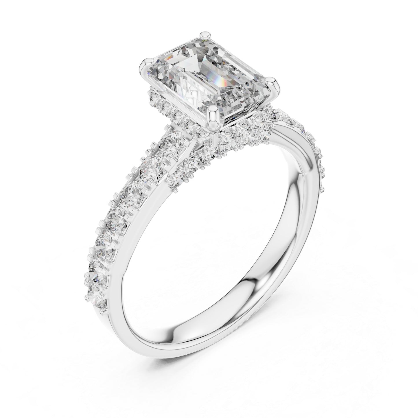 Emerald & Round Lab-Grown Diamond Solitaire Ring in 18K White Gold – Pure Carat