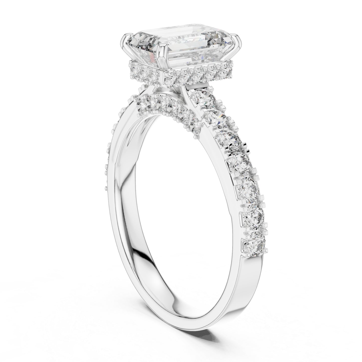 Emerald & Round Lab-Grown Diamond Solitaire Ring in 18K White Gold – Pure Carat