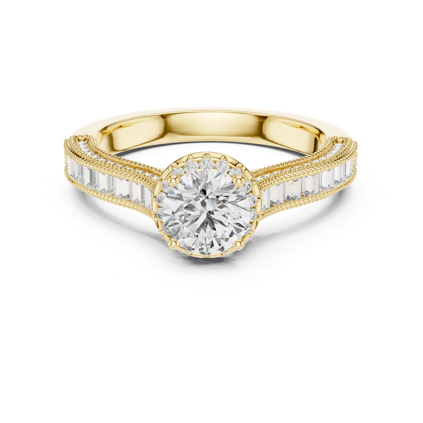 Pure Carat 14K Yellow Gold Engagement Ring with Round Bug-Cut Lab-Grown Diamond