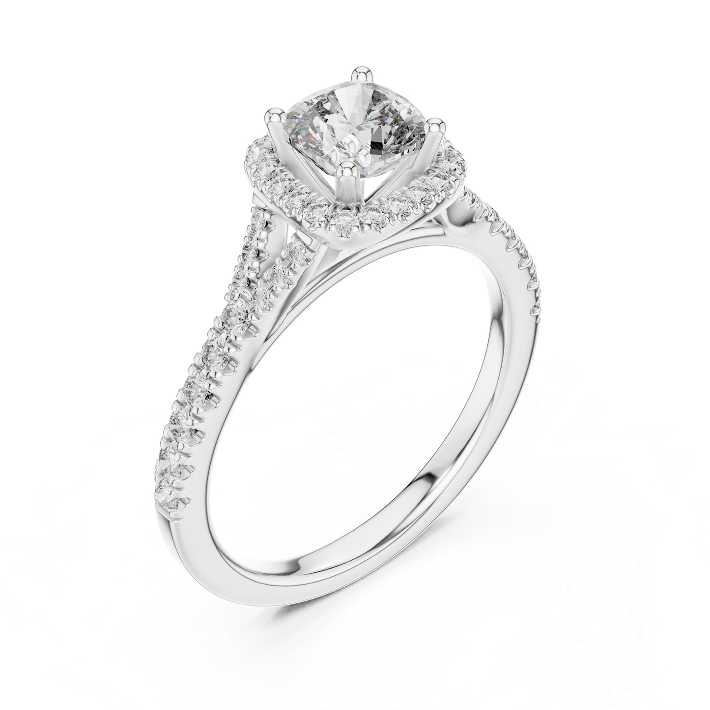 Pure Carat 18K White Gold Stud Ring with Cushion & Round Lab-Grown Diamonds