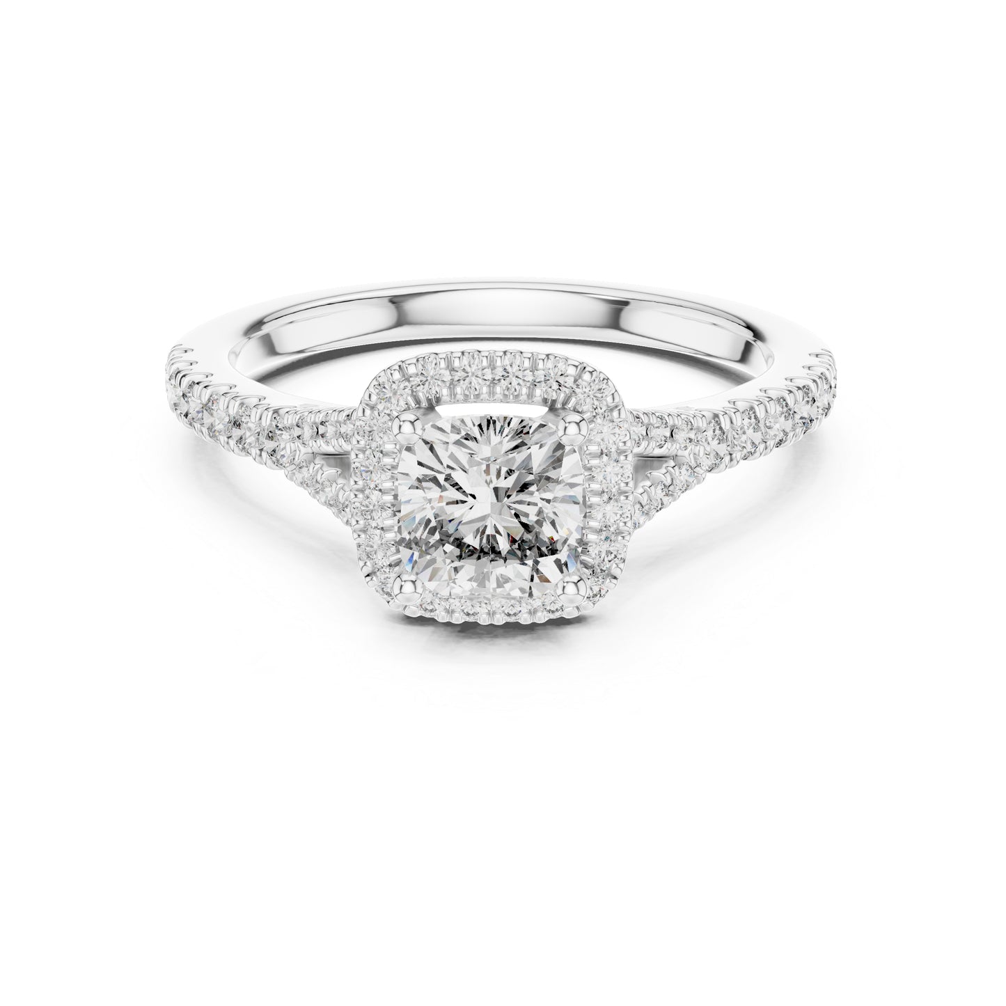 Pure Carat 18K White Gold Stud Ring with Cushion & Round Lab-Grown Diamonds