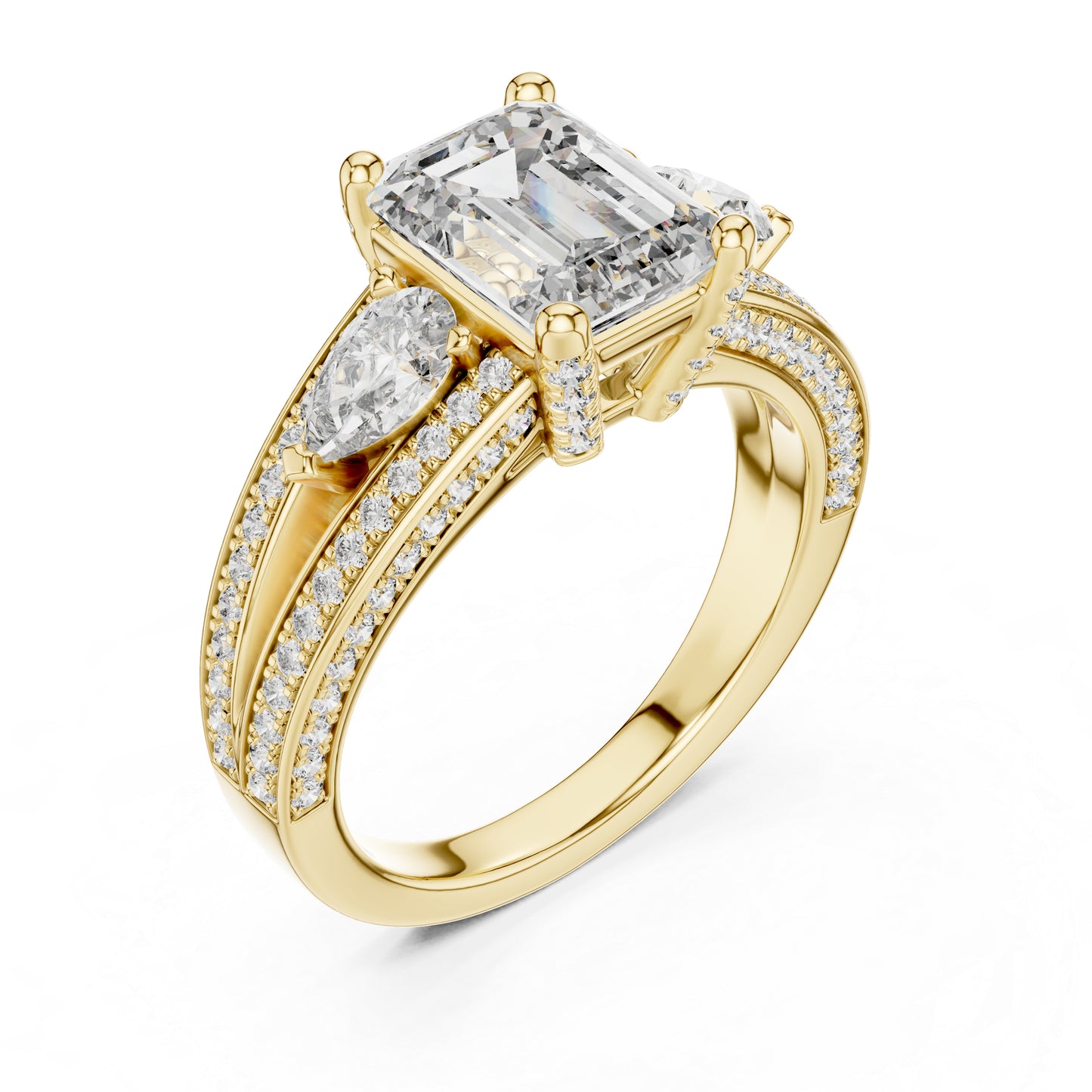 Women's Diamond Ring - Emerald, Pear & Round Cut Dimond in 14K Yellow Gold - Pure Carat