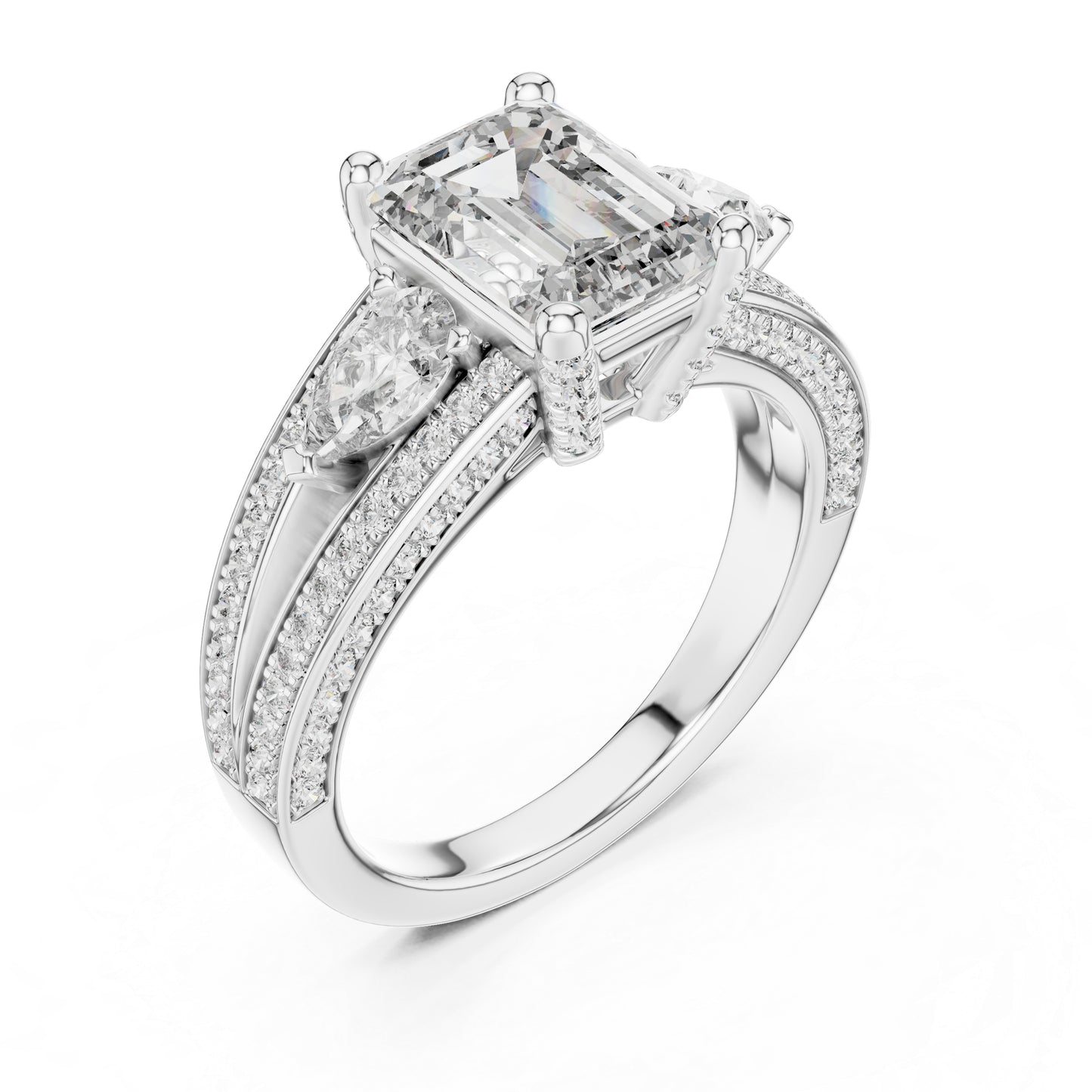 Women's Diamond Ring - Emerald, Pear & Round Cut Dimond in 14K Yellow Gold - Pure Carat