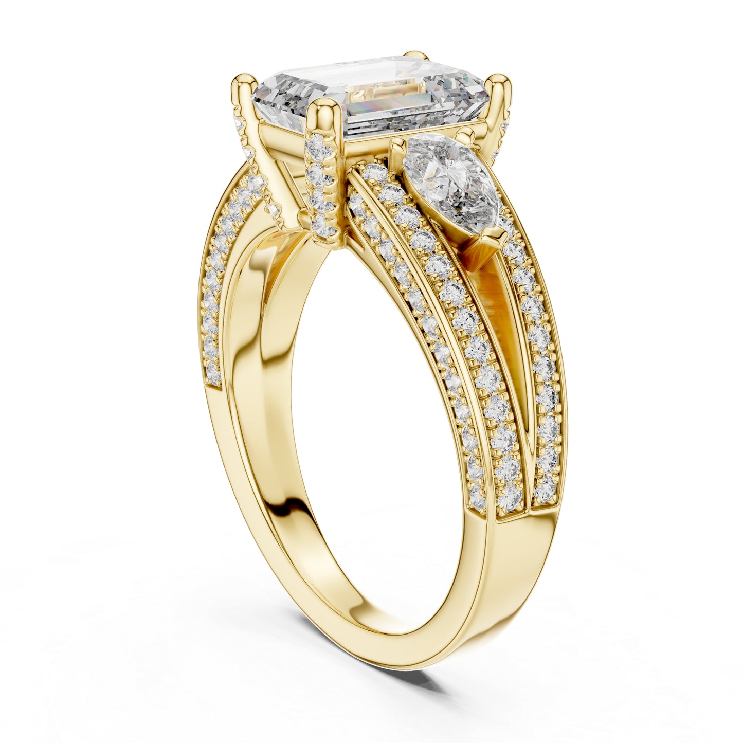 Women's Diamond Ring - Emerald, Pear & Round Cut Dimond in 14K Yellow Gold - Pure Carat