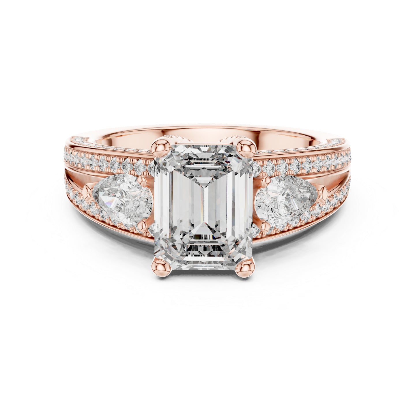 Women's Diamond Ring - Emerald, Pear & Round Cut Dimond in 14K Yellow Gold - Pure Carat