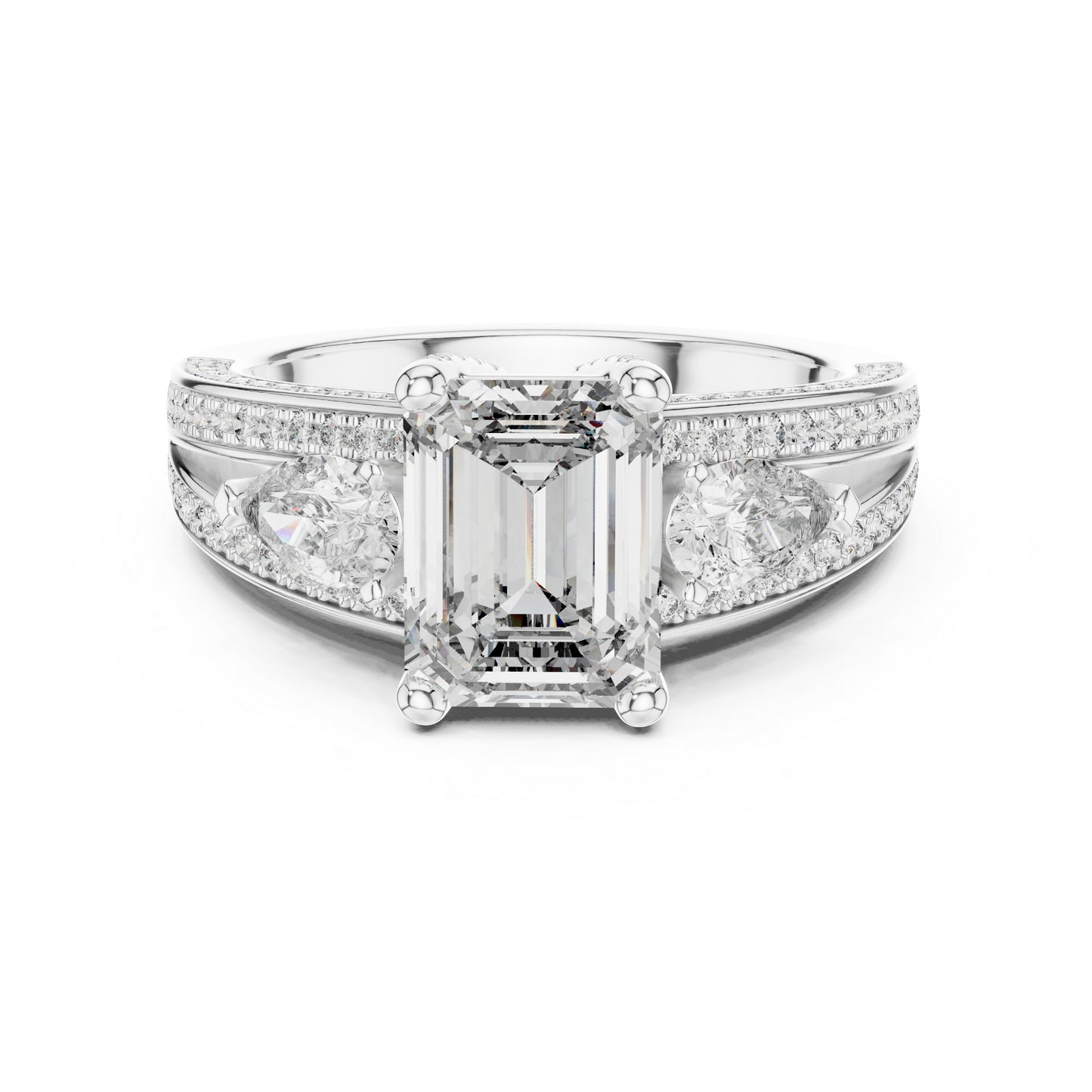 Women's Diamond Ring - Emerald, Pear & Round Cut Dimond in 14K Yellow Gold - Pure Carat