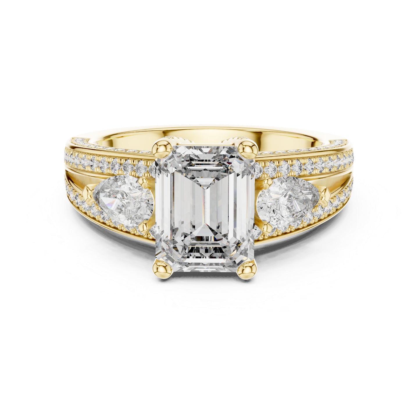 Women's Diamond Ring - Emerald, Pear & Round Cut Dimond in 14K Yellow Gold - Pure Carat